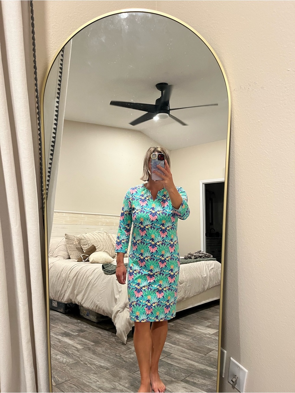 Floral V-Neck Shift Dress in Teal and Pink